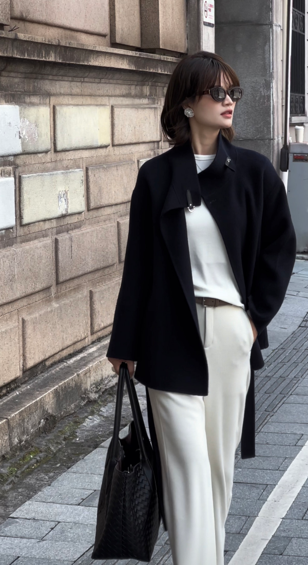 老马malinlin优雅赫本风双面手缝羊毛大衣女冬高级灰立领羊毛