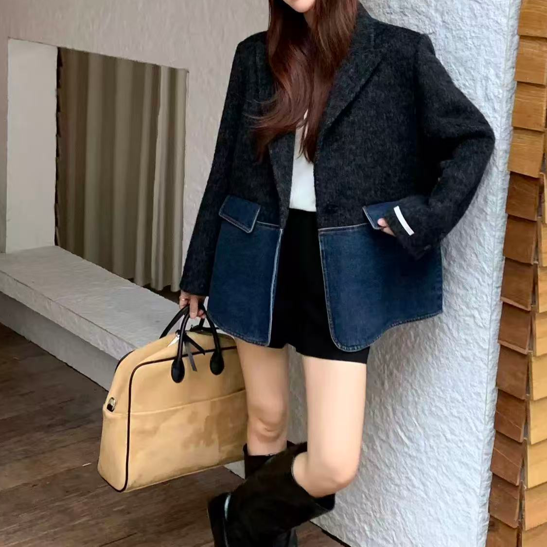 韩版减龄百搭牛仔拼接毛毛短款大衣外套Y1233