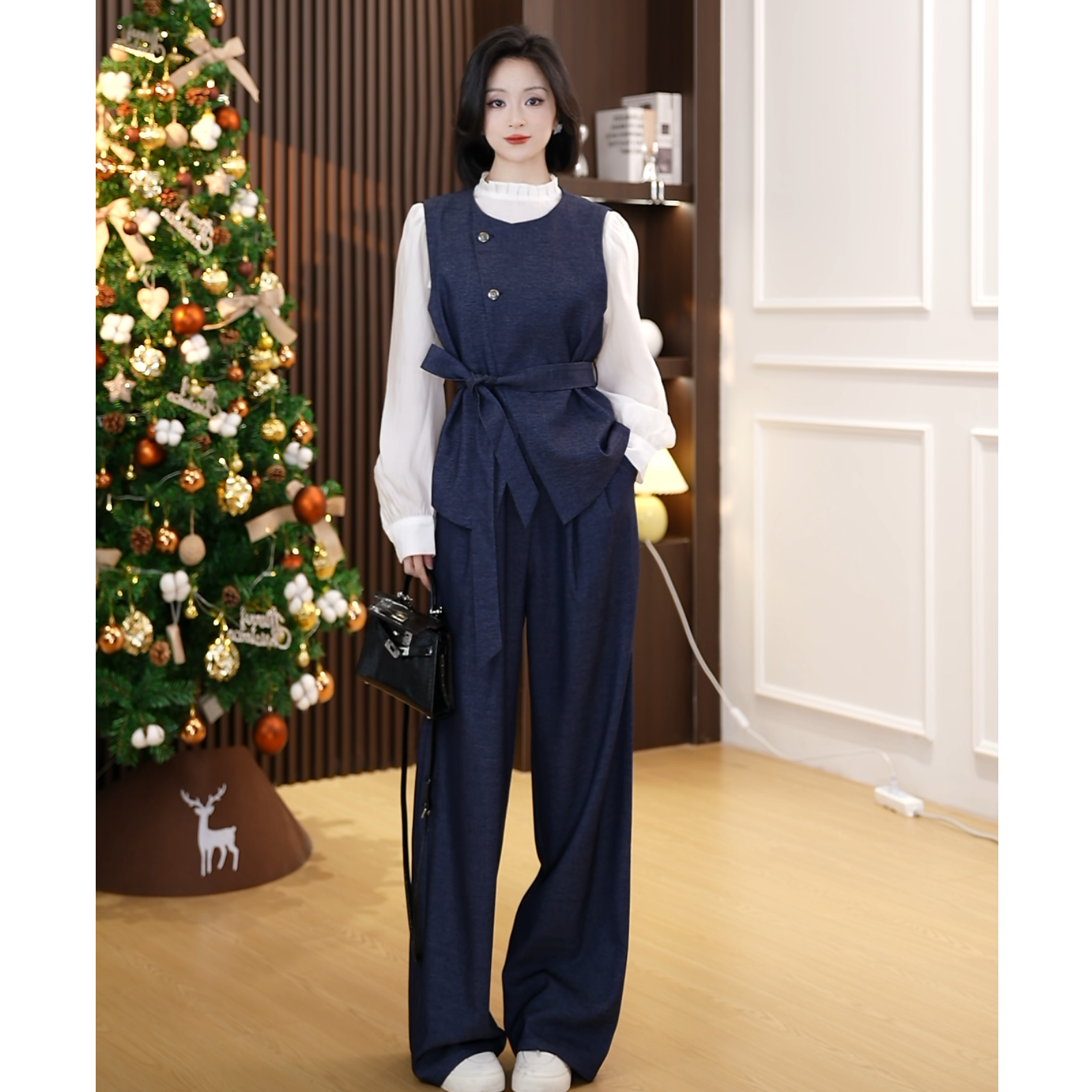 【小爽Eris】高级感小香风马甲+木耳边领衬衫+高腰阔腿裤四件套女