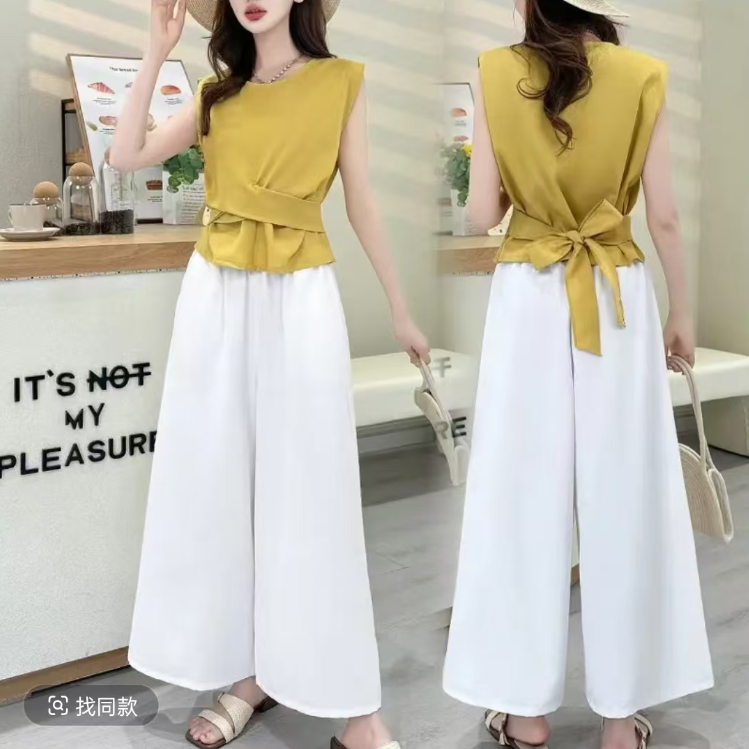 蝴蝶结无袖衬衫白色阔脚裤两件套气质裙裤套装2541【4】