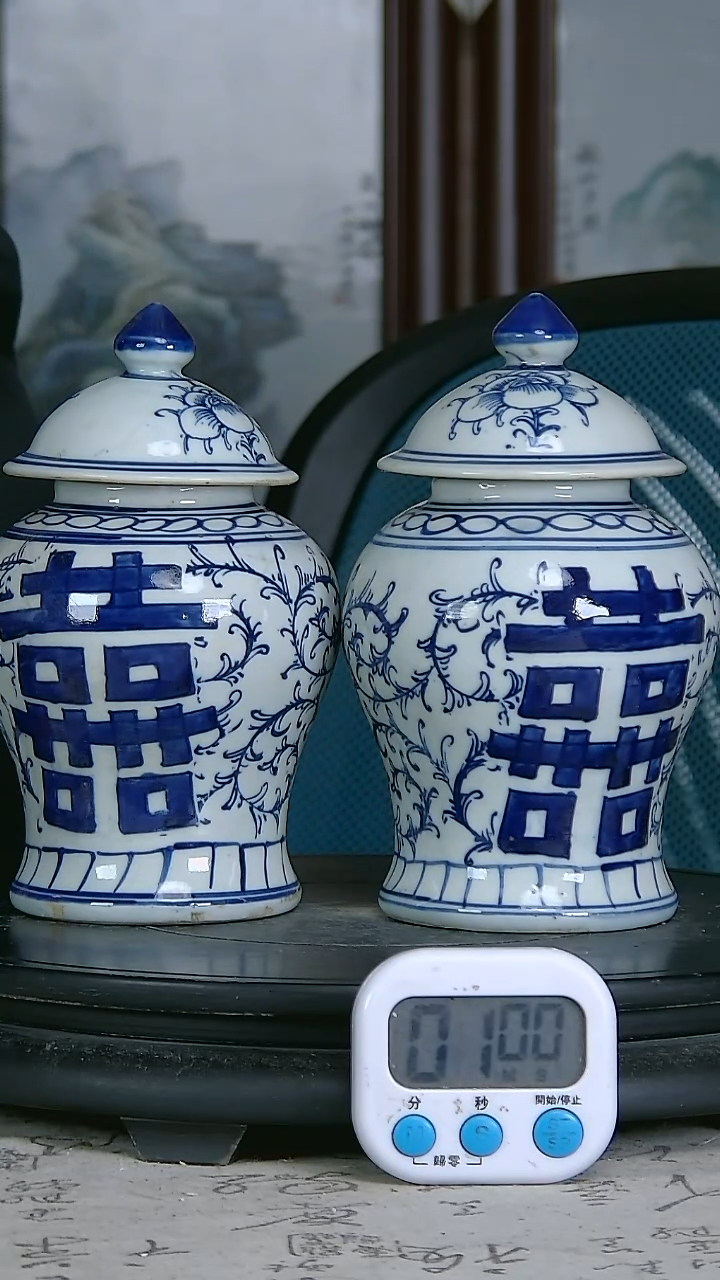 陶成****全青好不啊精绘花卉图罐一对