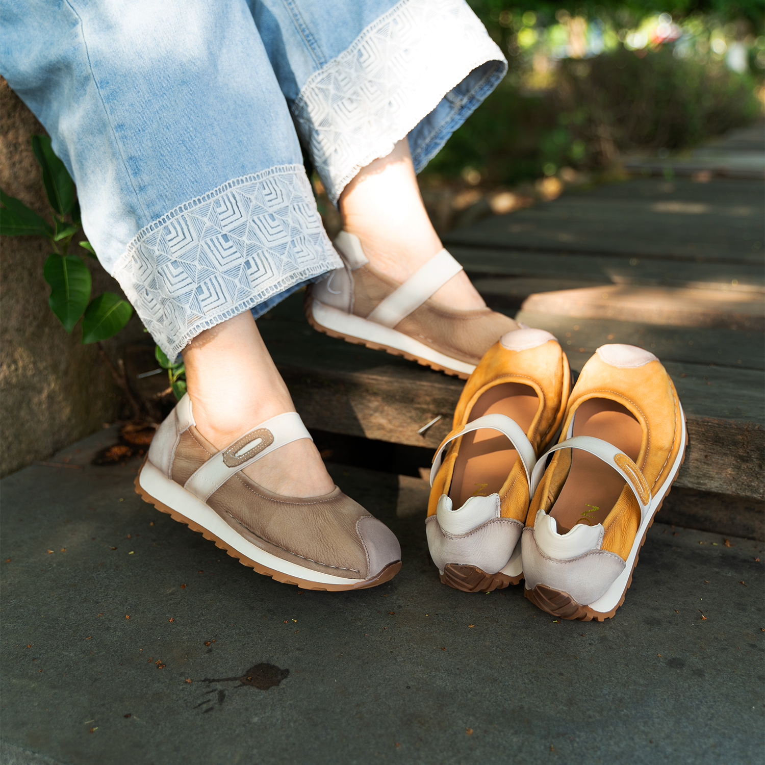 复古拼色浅口松糕底夏季秋季单鞋软底圆头凉鞋鞋子豆豆鞋牛筋底