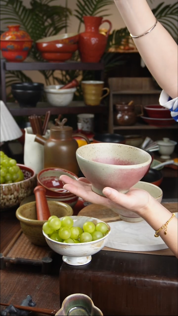 碗景德镇手工高温餐具桃红斗笠
