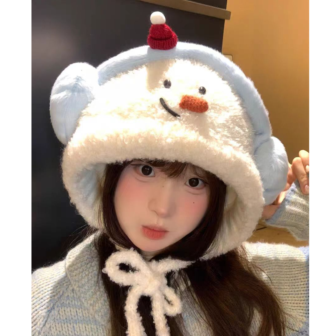可爱雪人毛绒针织帽子女冬季保暖显脸小防寒护耳套头雷锋帽毛线帽