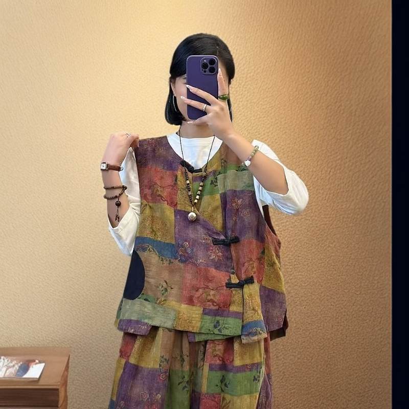 马甲网红复古宽松中式马夹印花无袖时尚休闲文艺中国风提花拼接