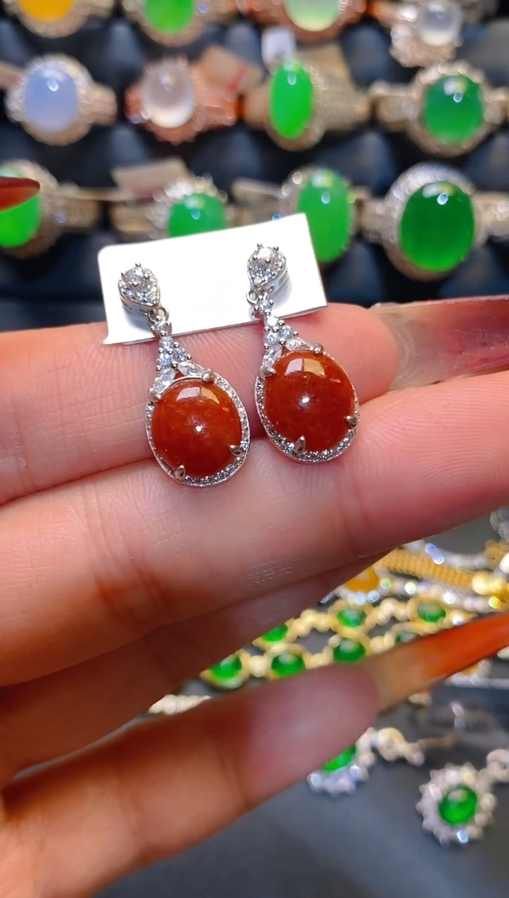 翡翠银S925镶嵌耳饰天然