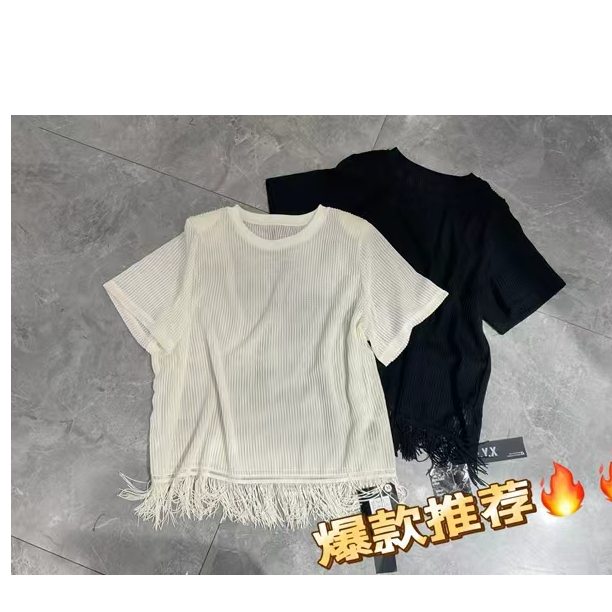 【张小张CC】休闲欧韩设计款圆领下摆须须短袖3673