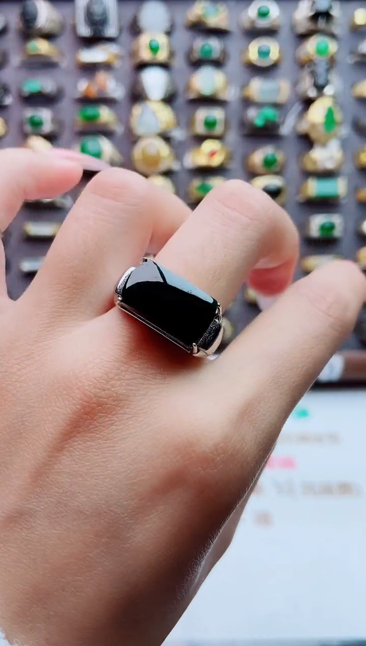 银S925镶嵌戒指翡翠天然翡翠男戒