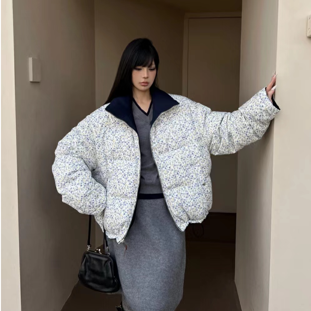 54472双面穿短款女羽绒拼色面包服冬季宽松