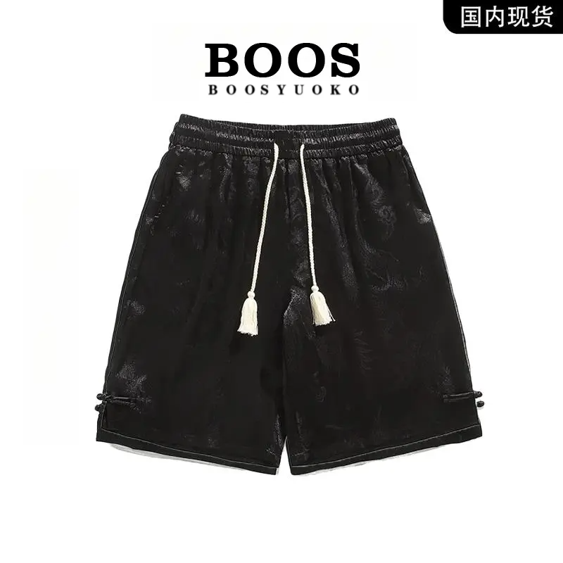 【品牌现货撤柜】BOOS 夏季男中式龙纹冰丝直筒五分牛仔短裤潮流ins