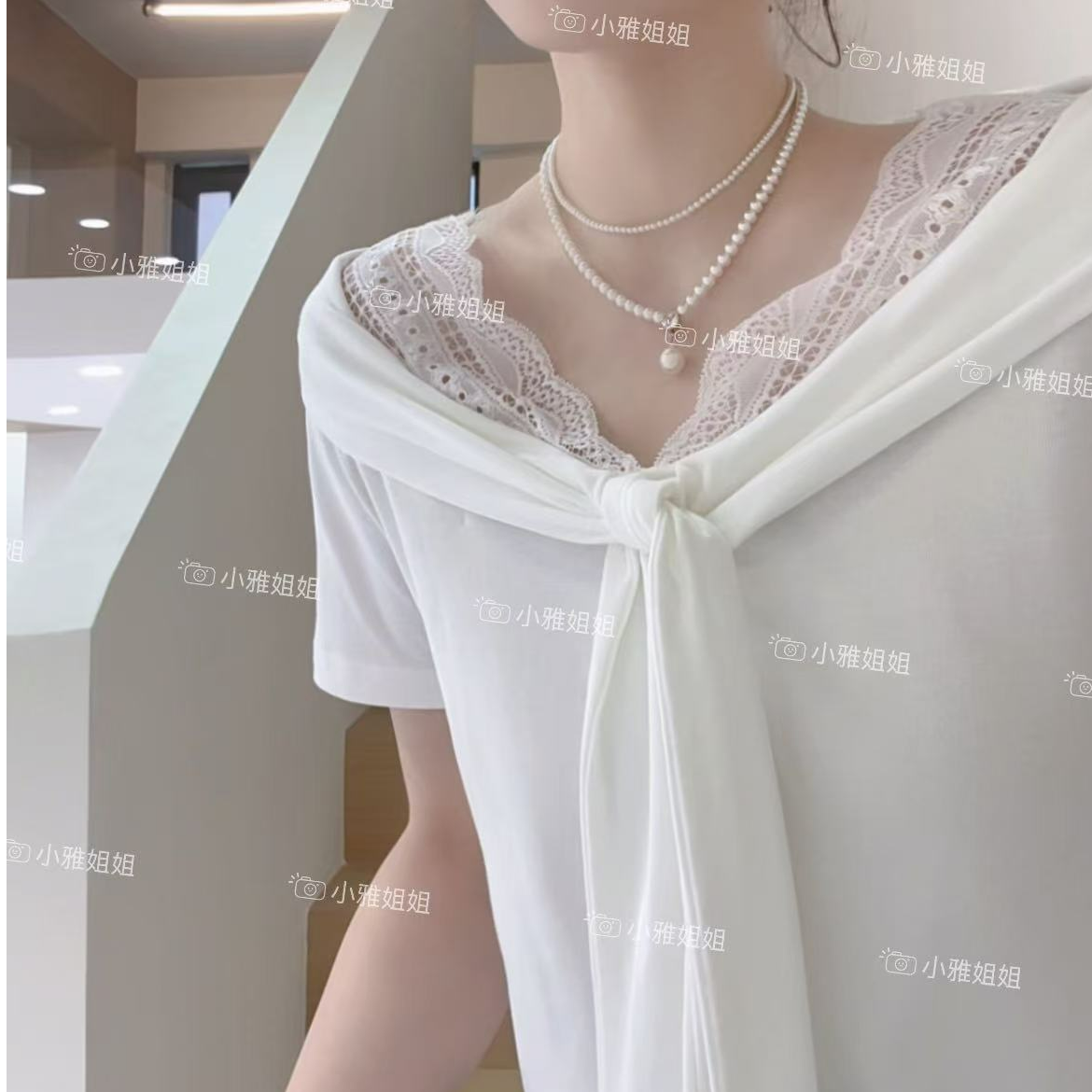 小雅姐姐  韩系V领蕾丝设计感绑带气质短袖T恤IU44