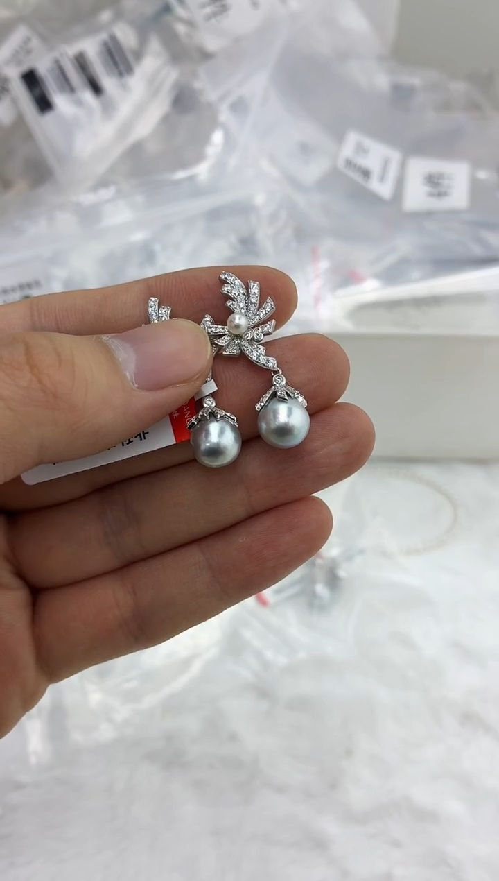 银S925镶嵌DA海水珍珠灰珠耳饰3-9 BQ223