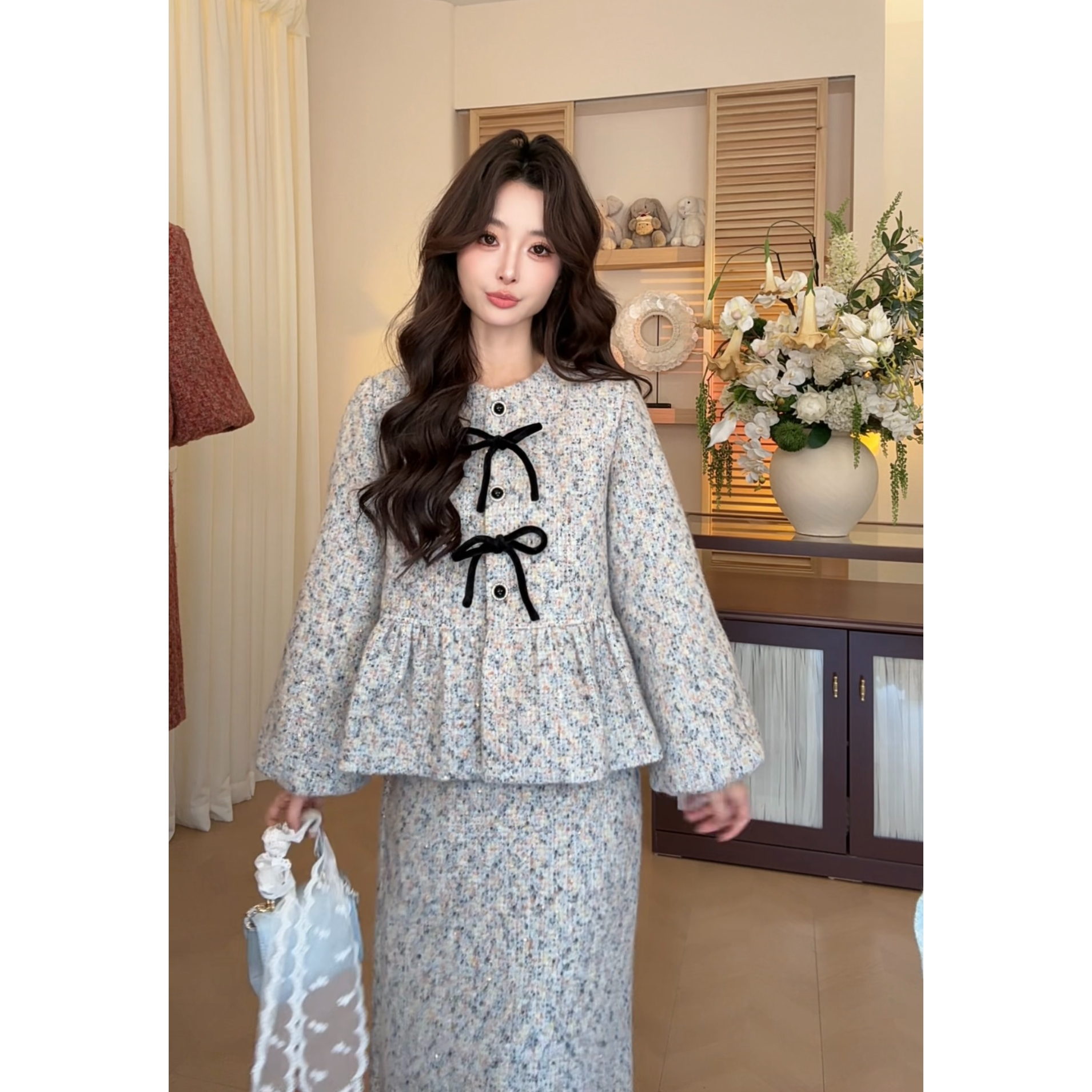 【柔光奶兔羽绒套装】原创设计师女装白鸭绒法式财阀千金羽绒套装