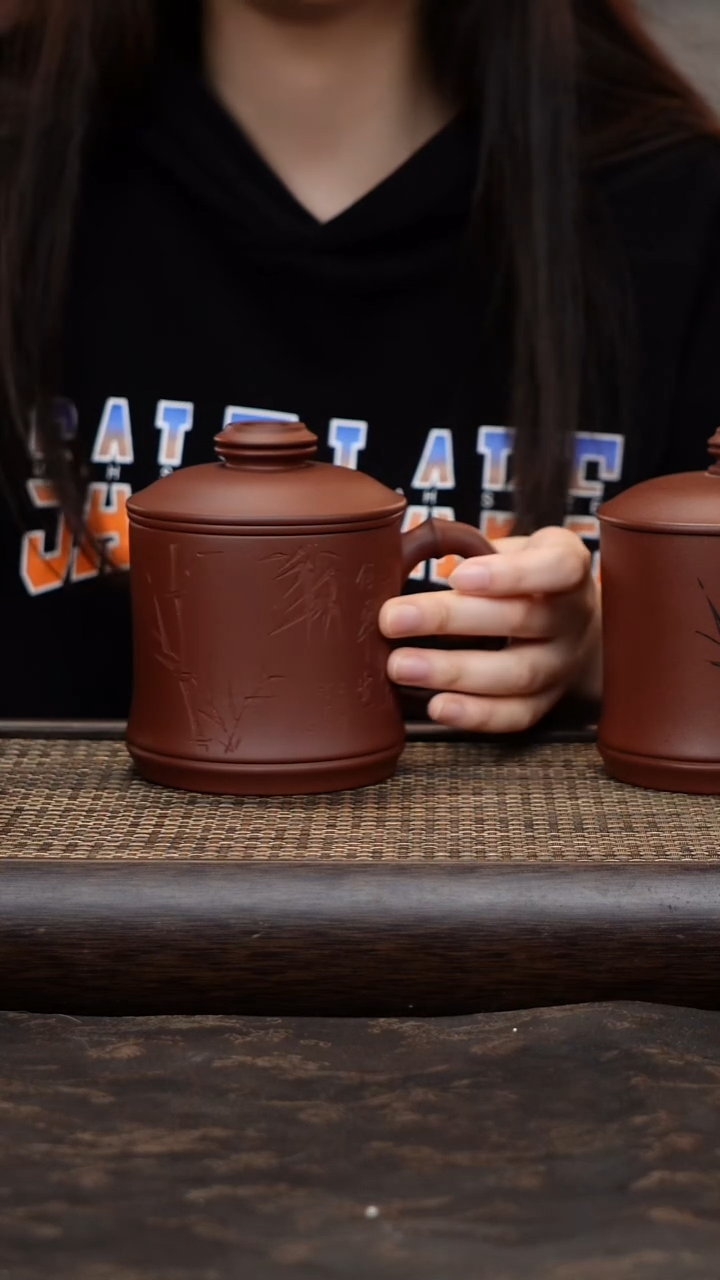 茶杯紫砂底槽青三件套竹节