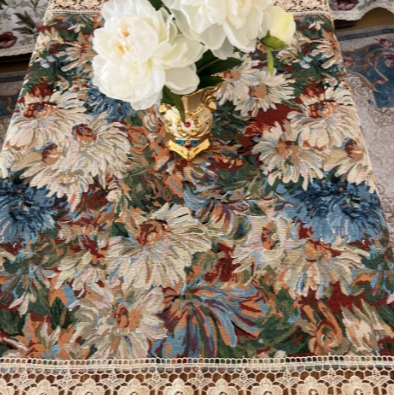 ZN107-33棉麻【100*100】彩菊水溶花边棉麻交织布桌布茶几布