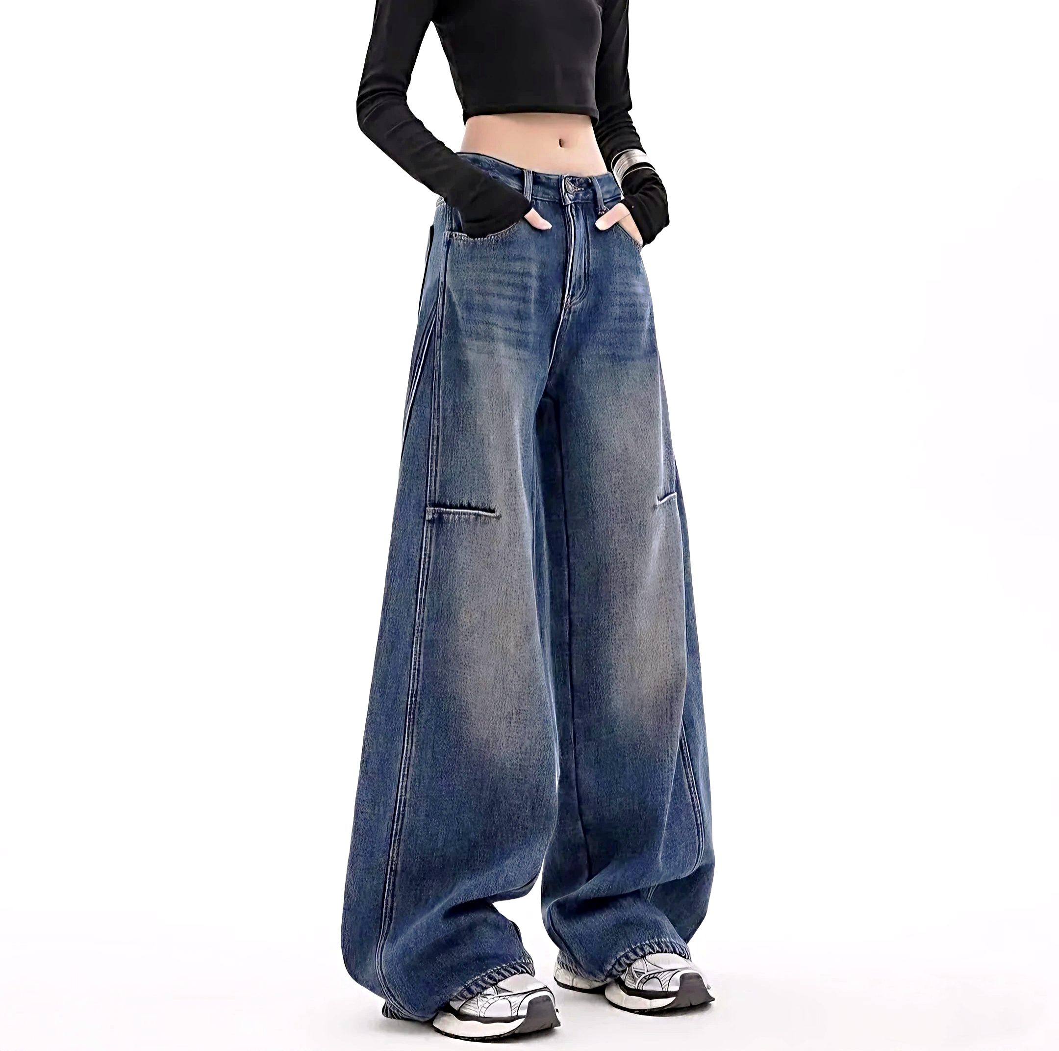 非主图款｛前后高低风雨雷雪｝高腰显瘦阔腿牛仔裤