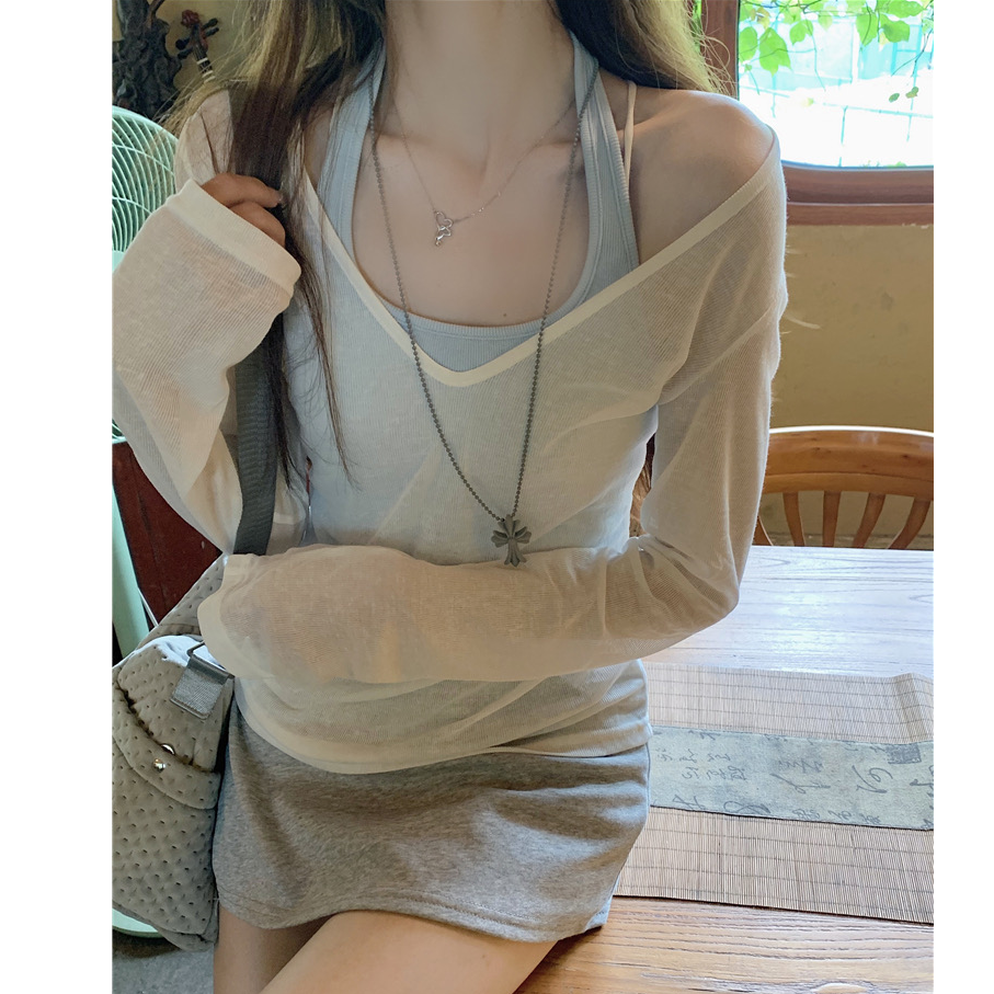 夏季防晒V领叠穿罩衫吊带两件套上衣气质修身显瘦挂脖背心女纯欲