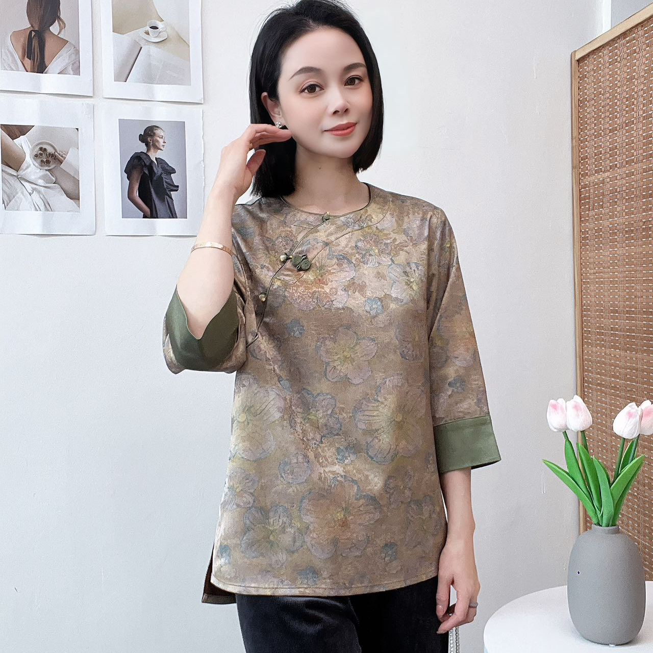 《经典复古》春季新款香云纱提花缎国风气质百搭休闲香云纱上衣103