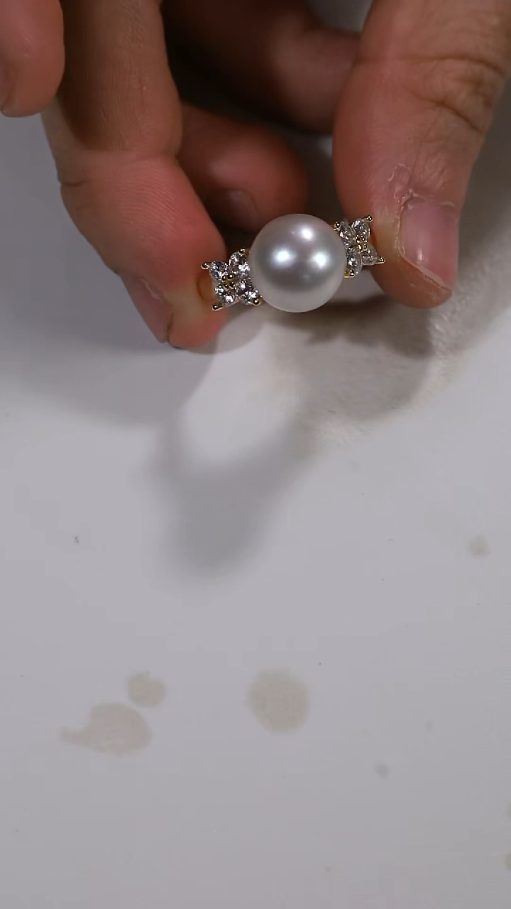 银S925镶嵌戒指海水珍珠澳白四叶草戒指