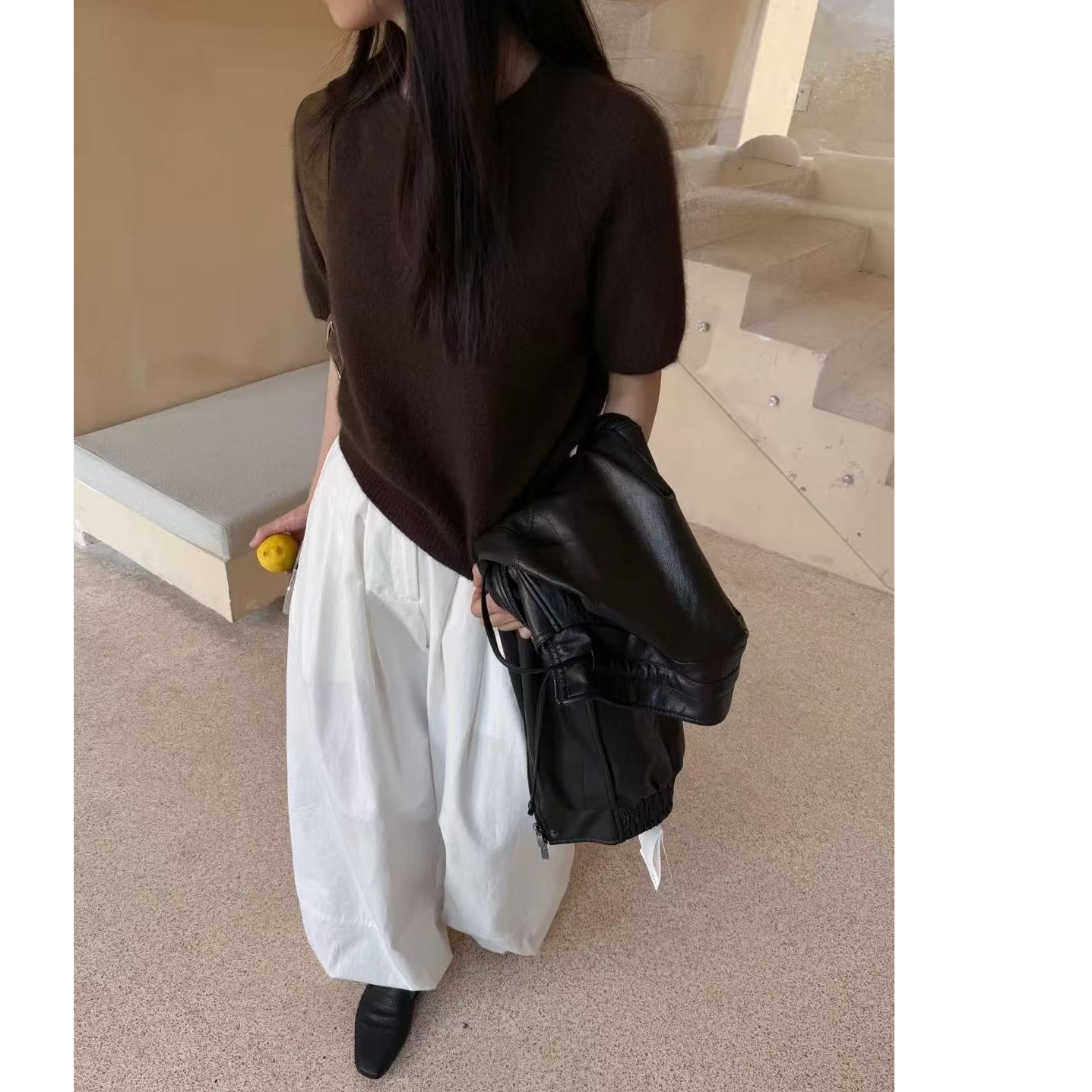 【深咖色】短袖圆领秋冬新款长袖宽松韩版设计感针织衫毛衣女
