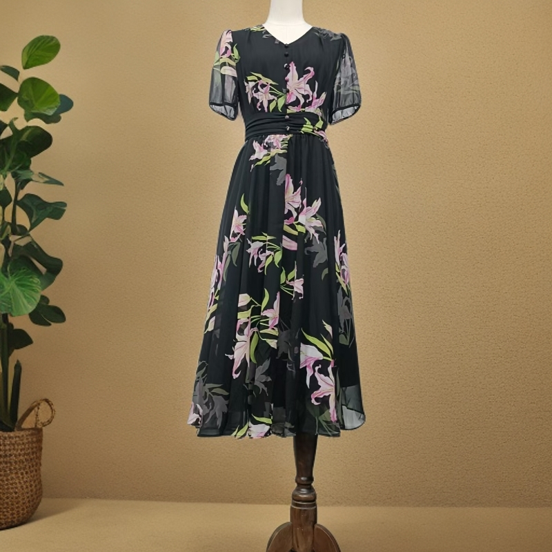 春夏V领气质收腰印花短袖连衣裙A154