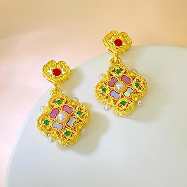 双十一新品【赛菲尔】足金珍珠四叶幸运草黄金耳钉珠宝黄金首饰