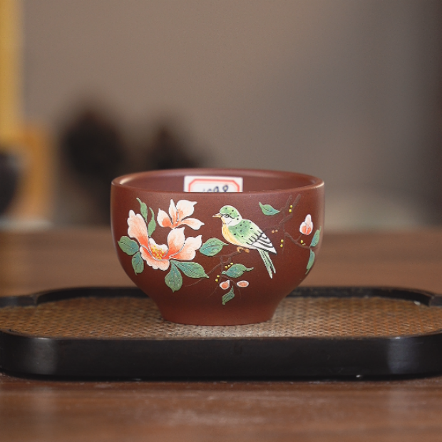 1089宜兴紫砂茶具龙血砂刻绘花鸟主人杯大容量YMJ140ML左右精美