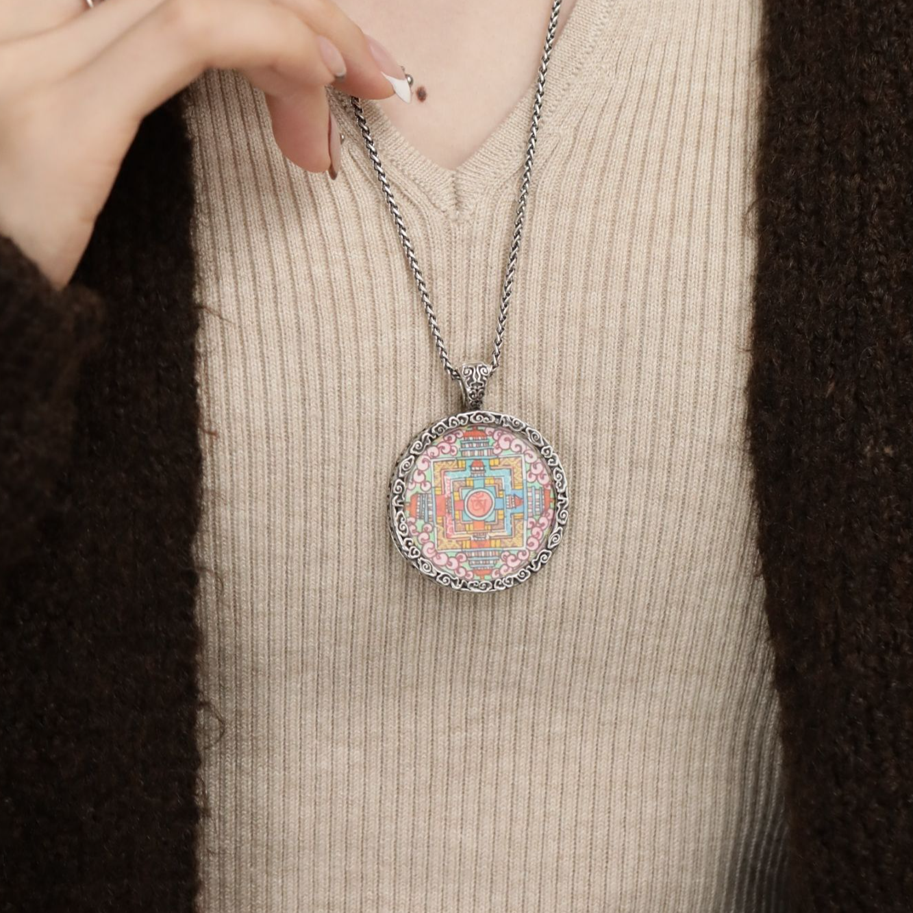 吊坠925银 M8807 彩绘唐卡圆形做旧吊坠