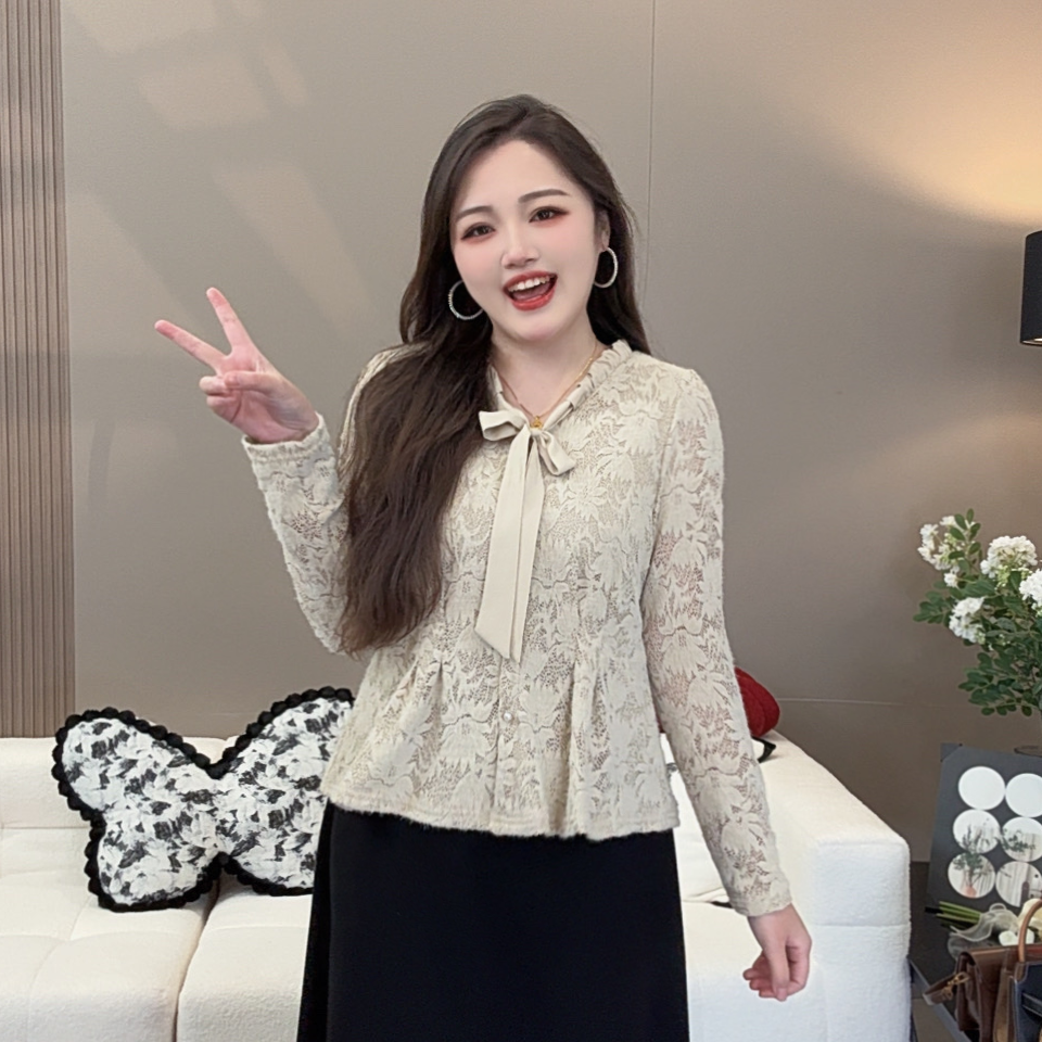 小个子长袖蝴蝶结蕾丝衫女2025秋冬新款洋气百搭打底上衣