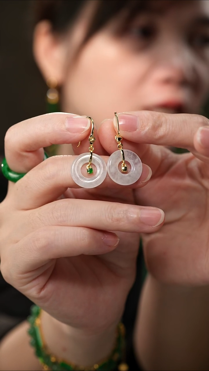 足银镶嵌翡翠耳饰冰种翡翠甜甜圈耳饰