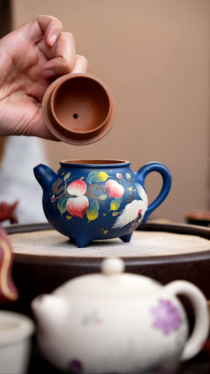 茶壶紫砂霁蓝泥粉浆萌萌哒仙鹤