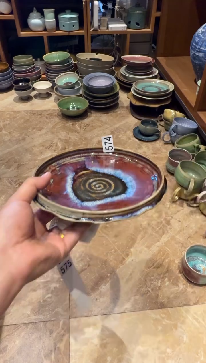 瓷片574 粗陶窑变紫立边盘1个