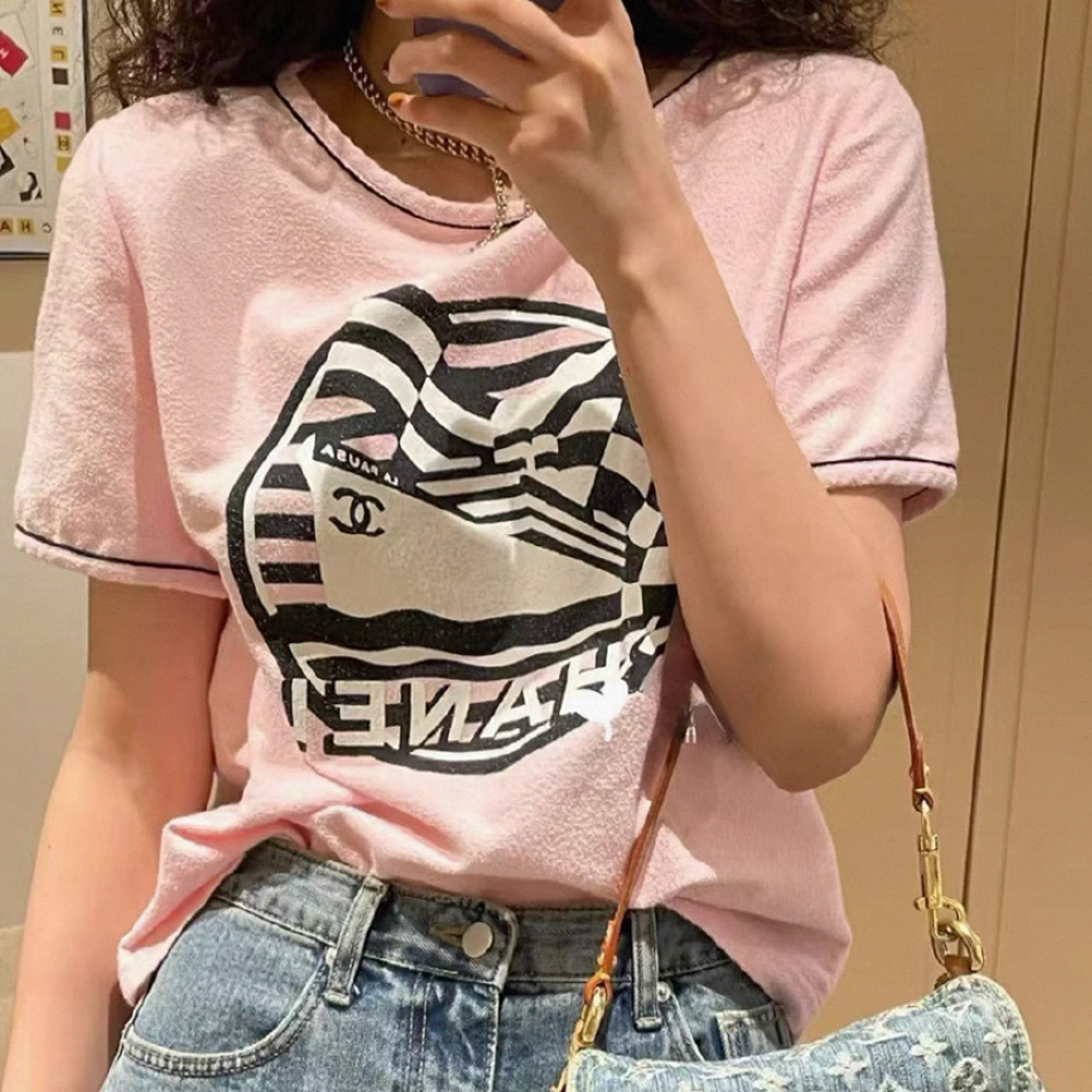 95新 Chanel/香奈儿 邮轮系列粉白条纹短袖t恤/f40/编号0632