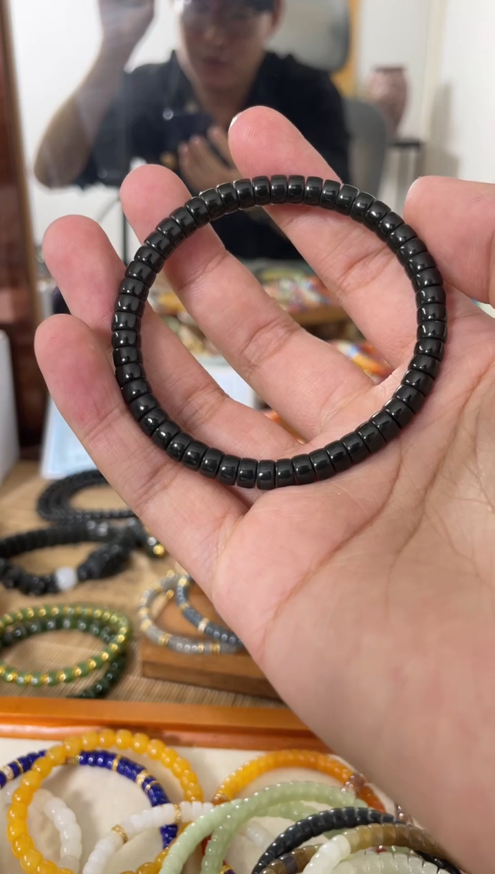 未镶嵌手串和田玉6mm塔青黑青籽和田玉手串特细素圈