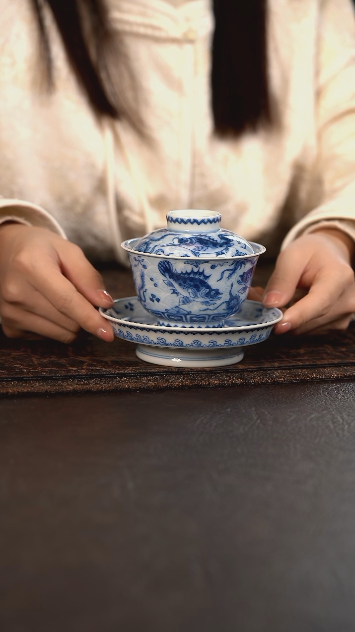 【闪购商品】杯望月怀古淡海水鱼藻三才元宝盖碗