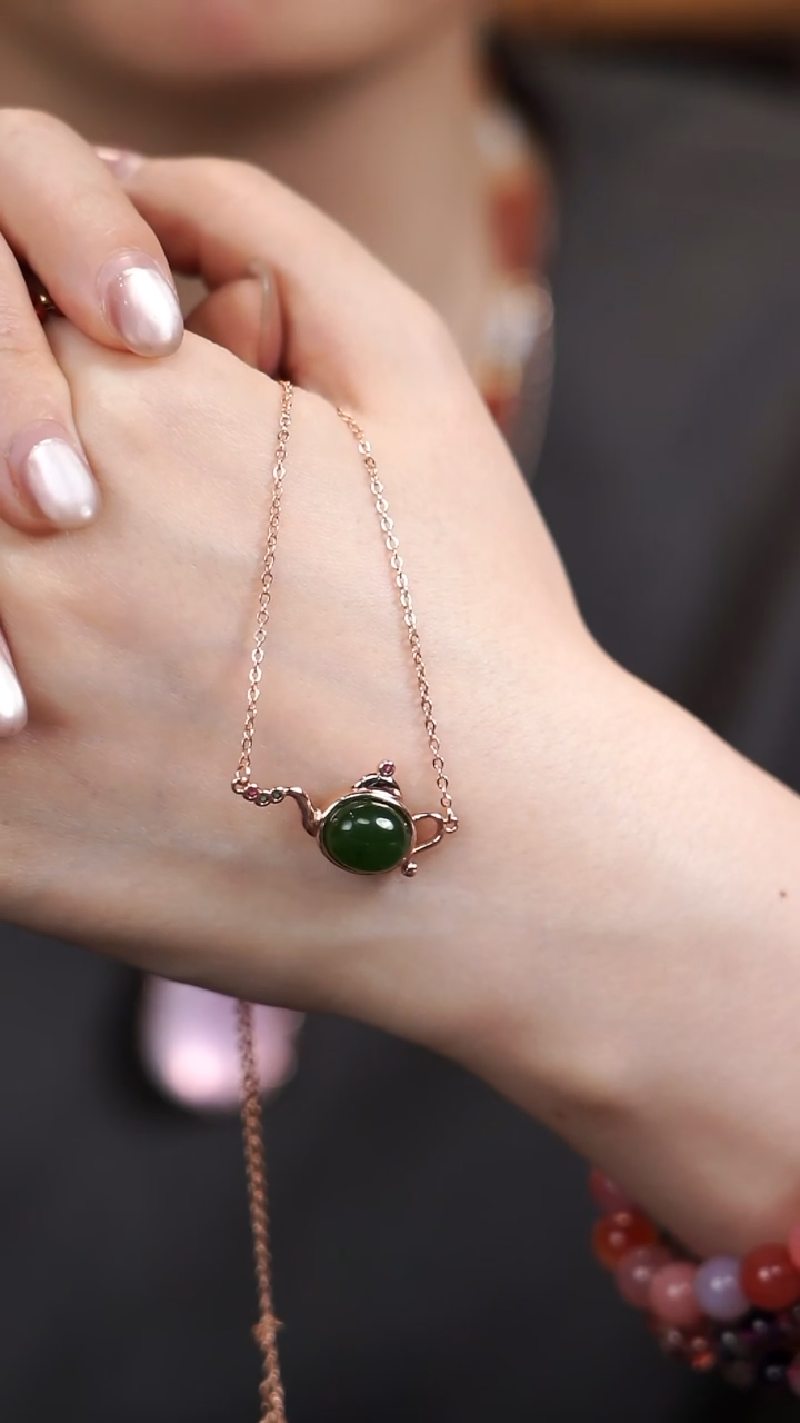 项链银S925镶嵌和田玉把把壶项链