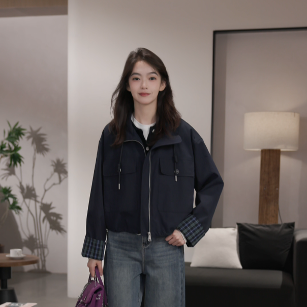 【素典上新】25年休闲短款外套女秋季极简风立领长袖休闲夹克上衣