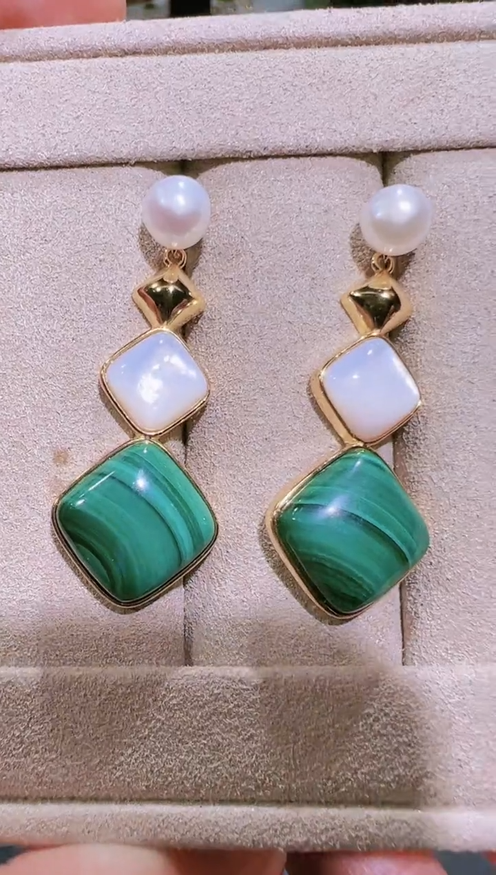 【闪购商品】孔雀石耳饰银S925镶嵌0206s14多样性发一