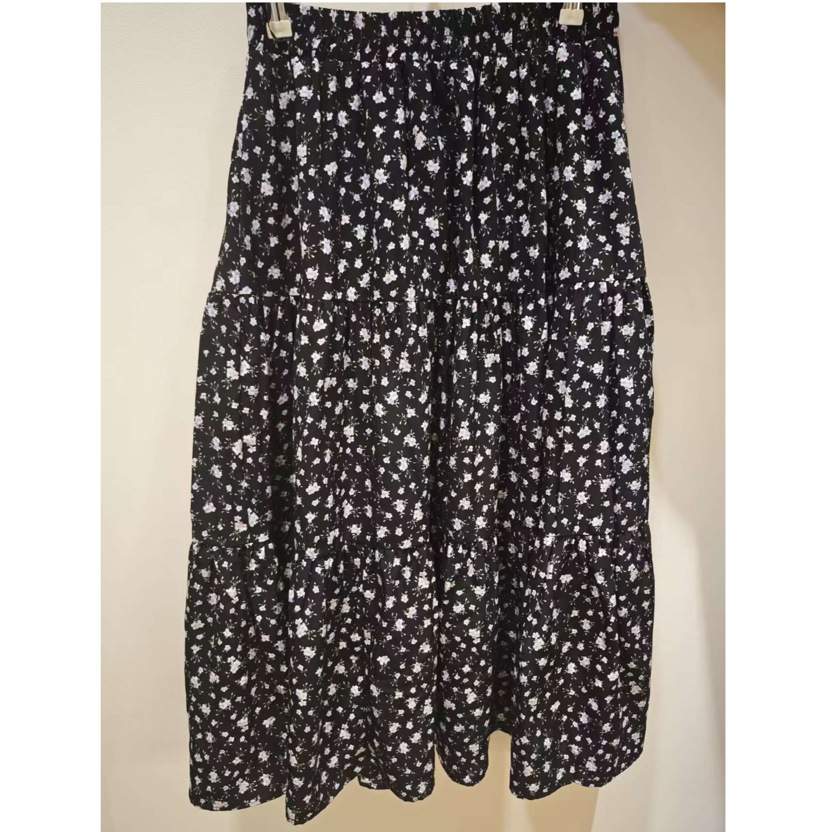 百搭碎花半裙印花松紧腰连衣裙黑色碎花透气半身裙A104