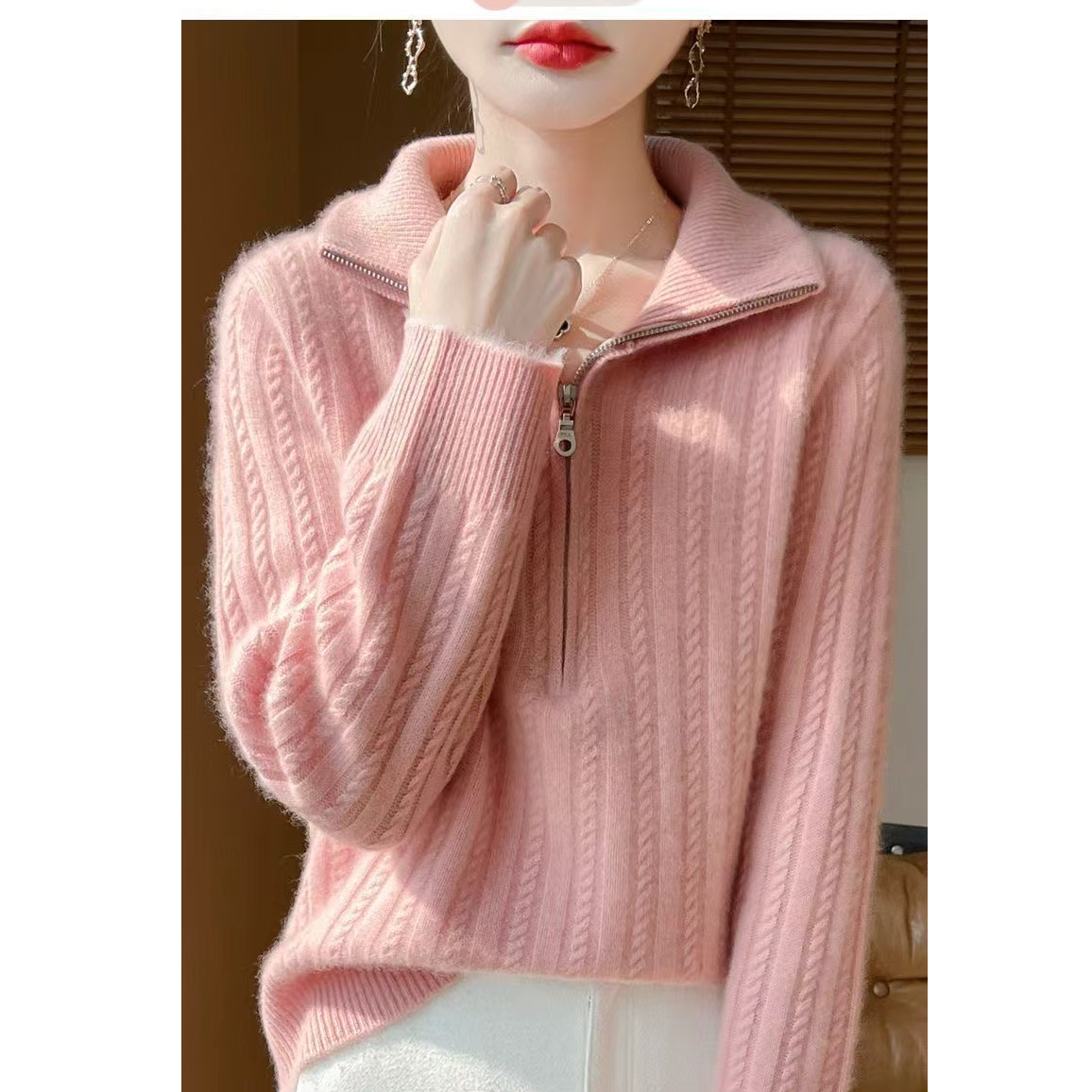 春天5店【现货 高品质】设计感满满羊毛羊绒衫半拉链翻领千金风上衣