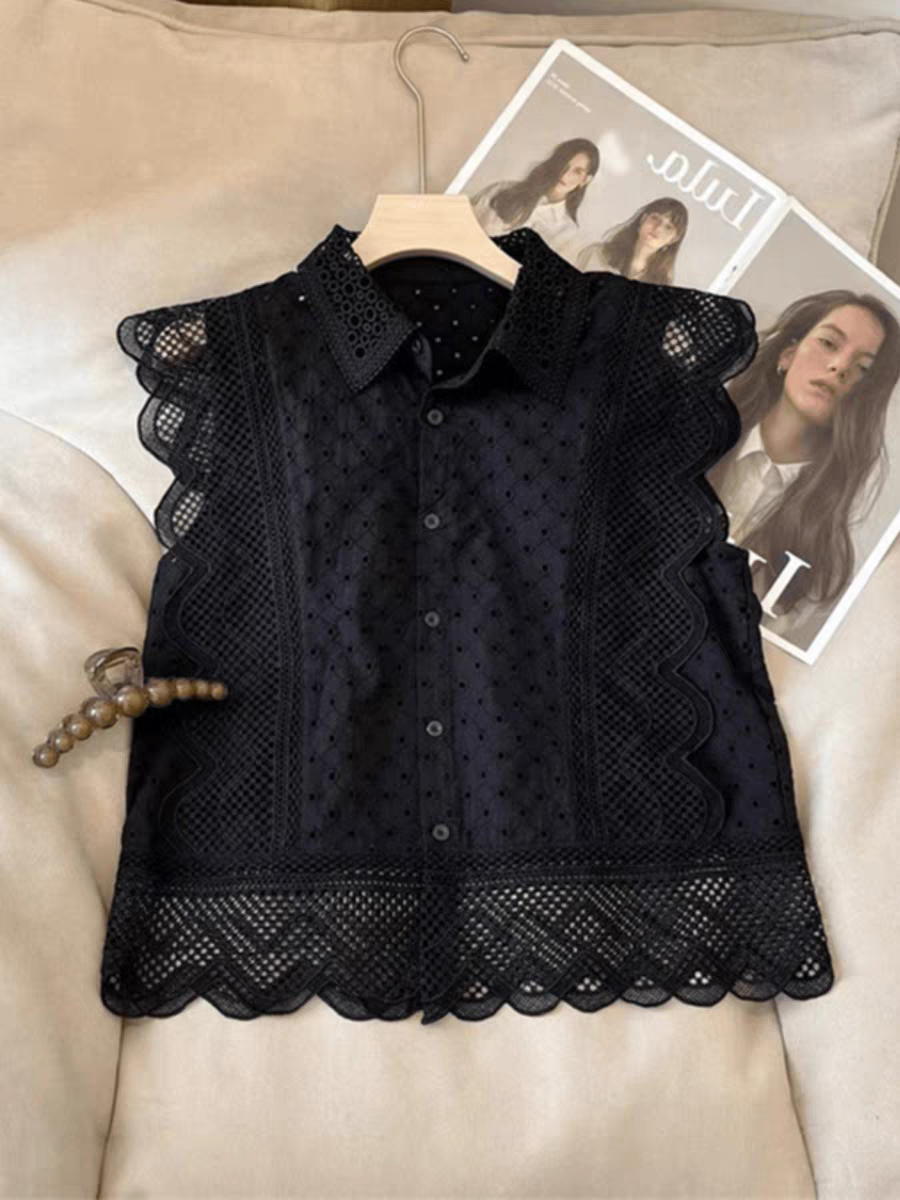 衣源3353#设计感小众镂空Polo领无袖衬衫荷叶边宽松上衣(长约51）