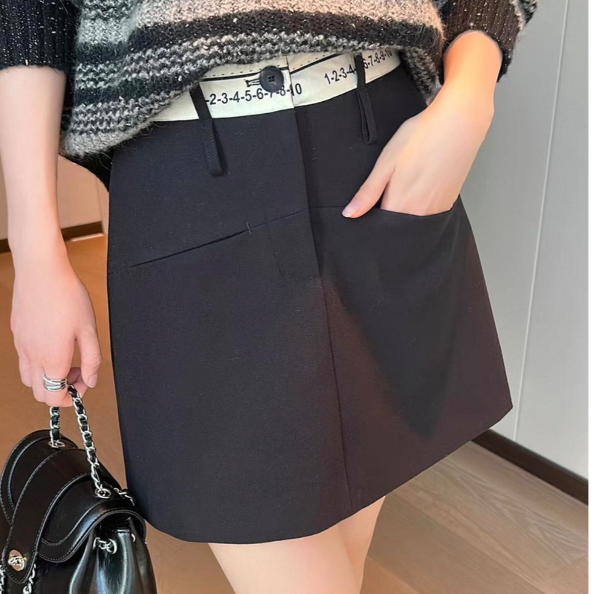 黑色撞色高腰半身裙女早春 新款小众设计师时尚半裙