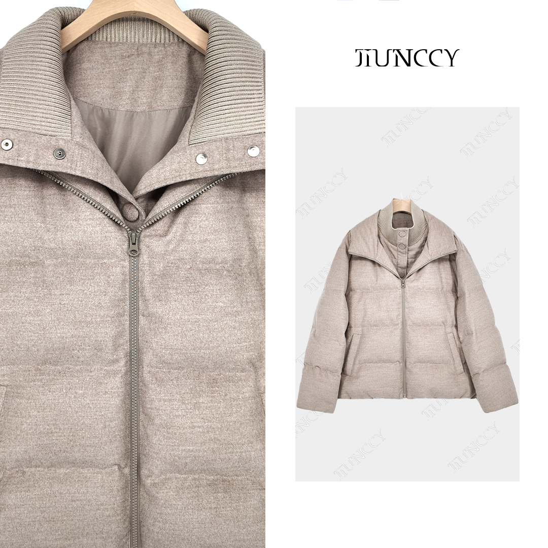 JIUNCCY【雾淞】90白鹅绒拼羊毛针织领假两件双开襟羽绒服52YYRF055