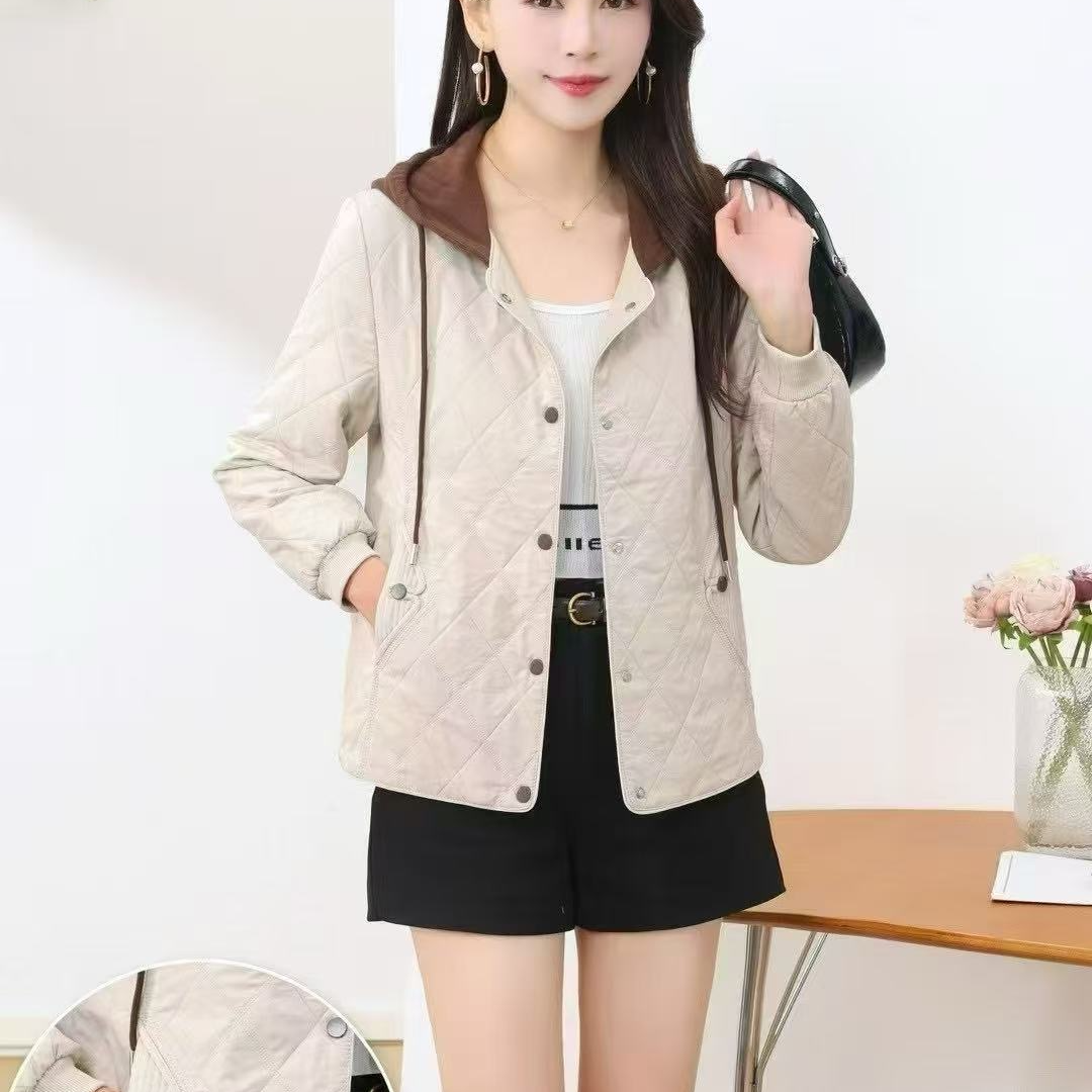 保暖时尚外套宽松休闲格子休闲风短款连帽中老年女装