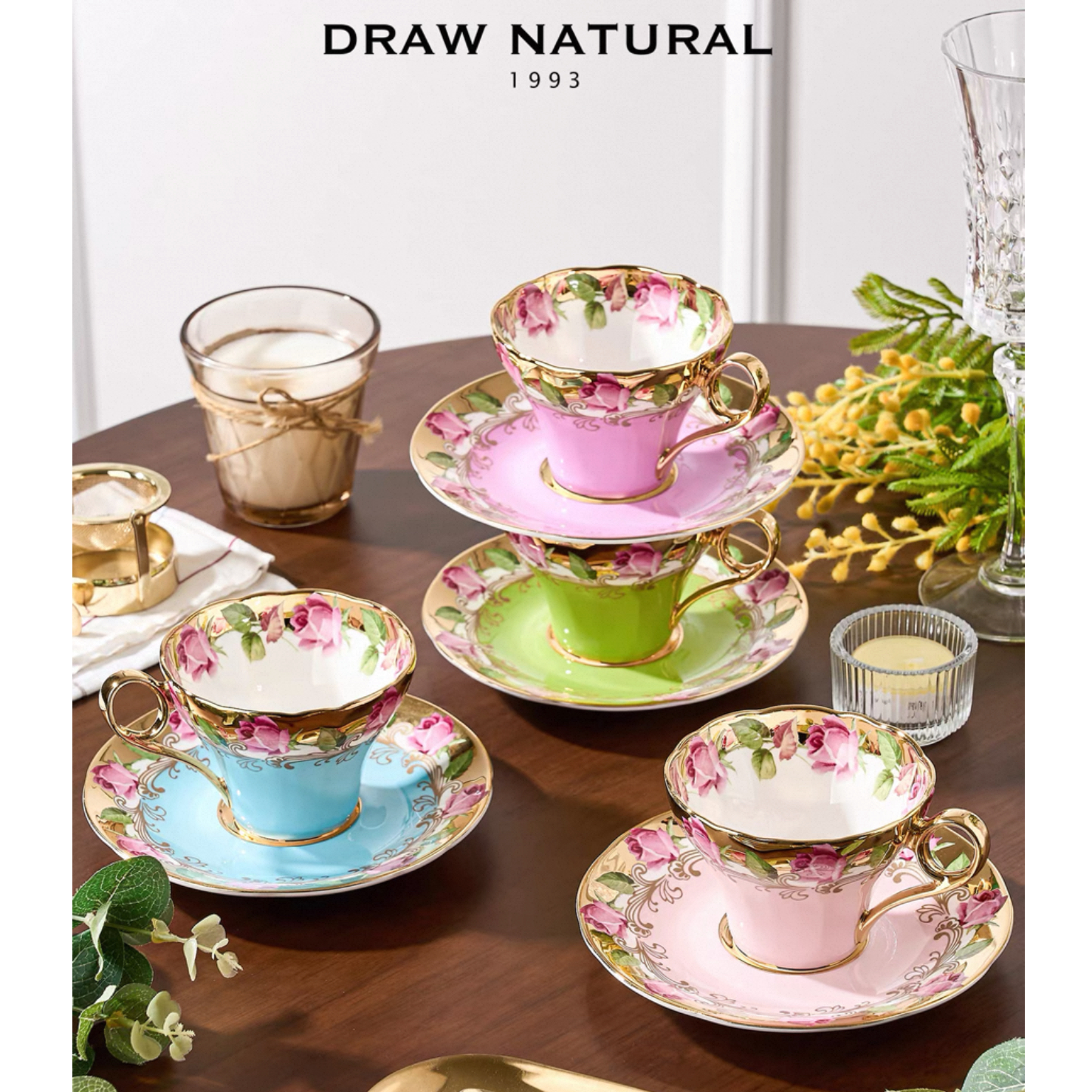 DRAW NATURAL/自然写生欧式19玫瑰重工鎏金小蛮腰杯碟下午茶礼盒