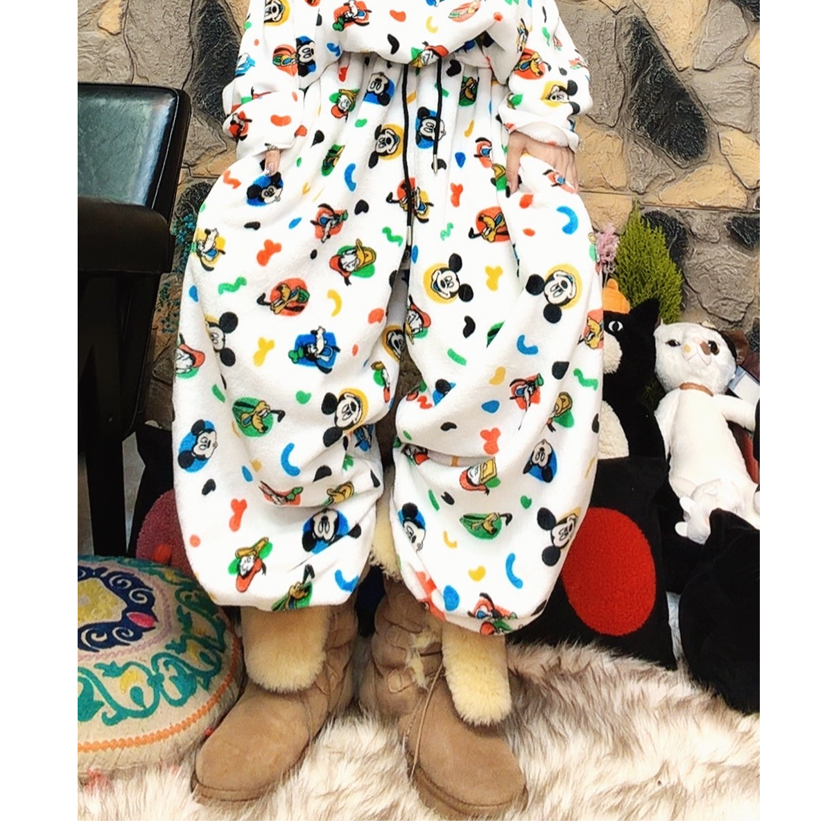 Laurine原创韩版加绒彩色米奇卫裤