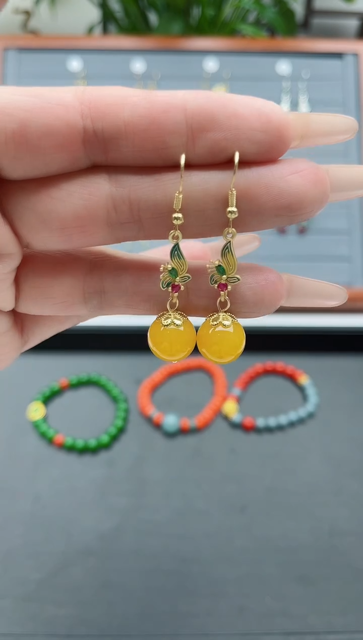 【闪购商品】玛瑙/玉髓耳饰银S925镀金镶嵌10黄玛瑙