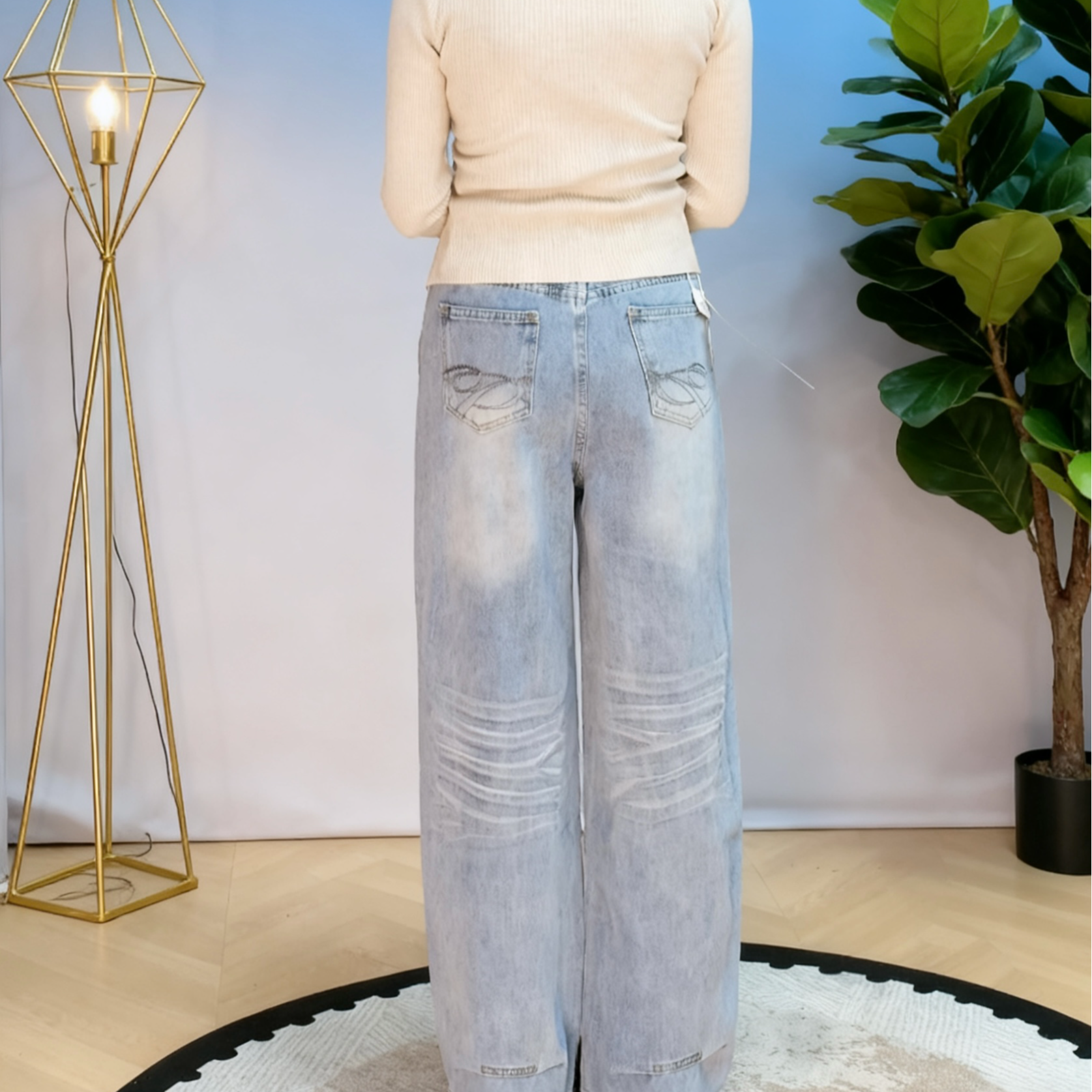 阔腿裤高腰刺绣女秋季复古牛仔裤女装显瘦宽松时尚