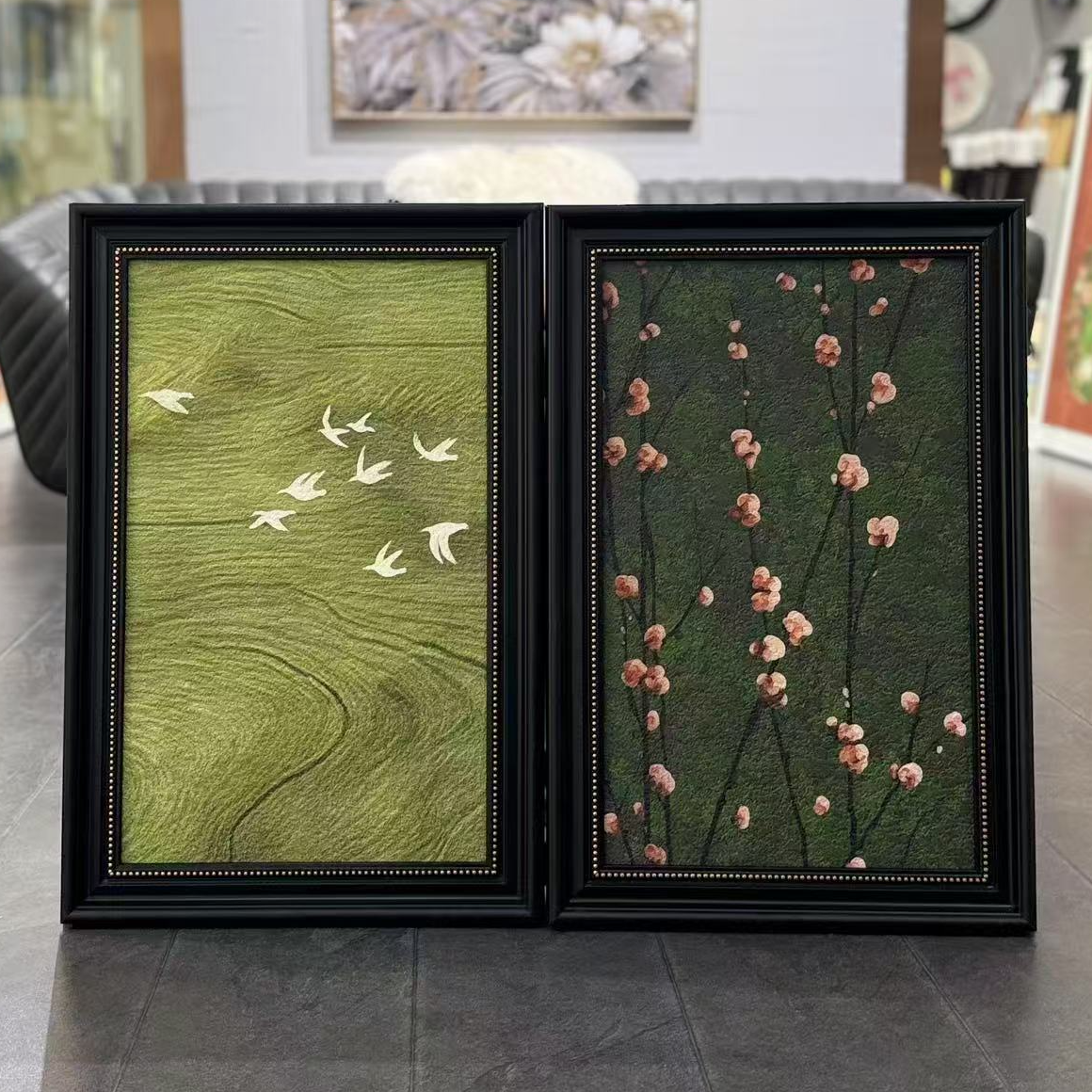 法式风绿色复古感飞燕花卉装饰画客厅沙发背景墙挂画4060