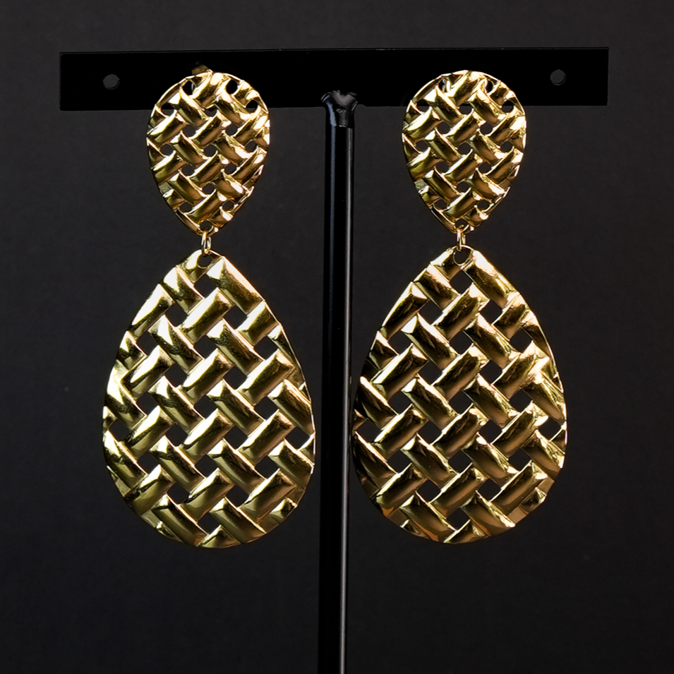 铜合金耳饰 水滴耳钉直针495金色镂空欧美时尚编织